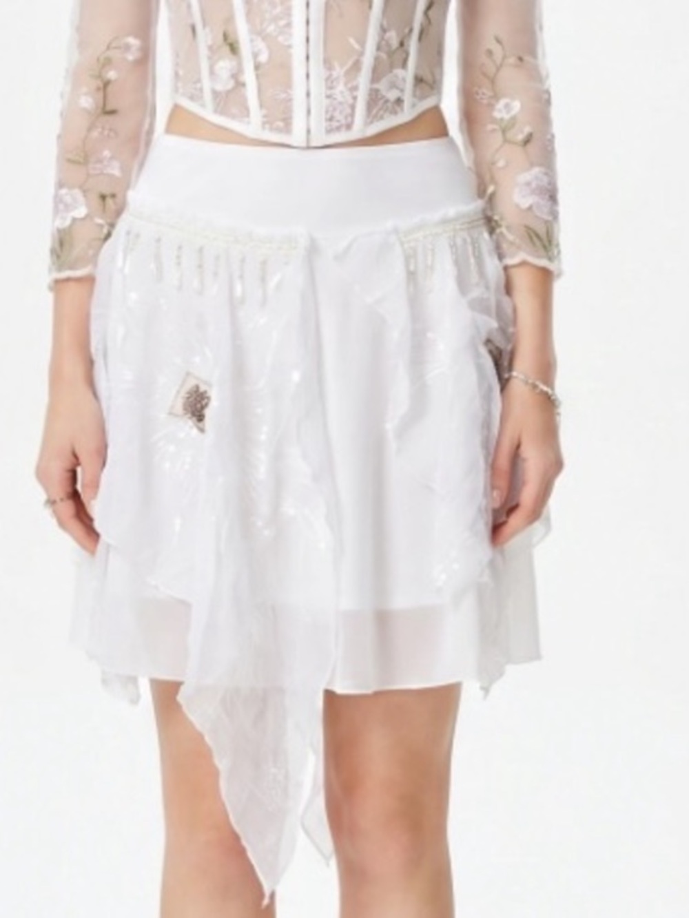 Banana Usa Asymmetrical White Sheer Beaded Sequin Floral Skirt Boho Fairy Core
